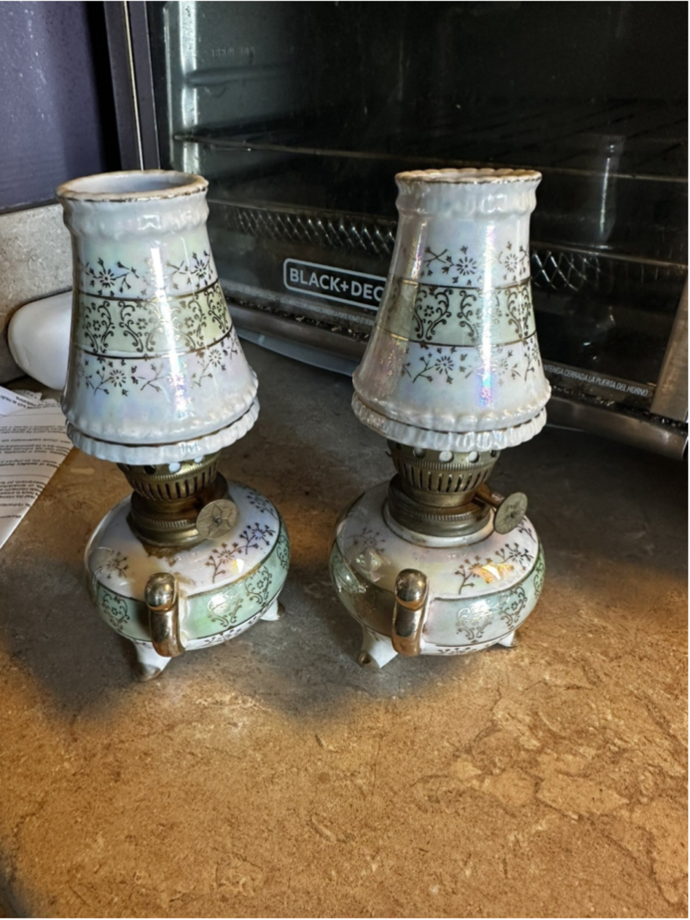 Vintage Porcelain Miniature Oil Lamp Set of 2 Japan Iridescent Lustreware - Picture 7 of 8